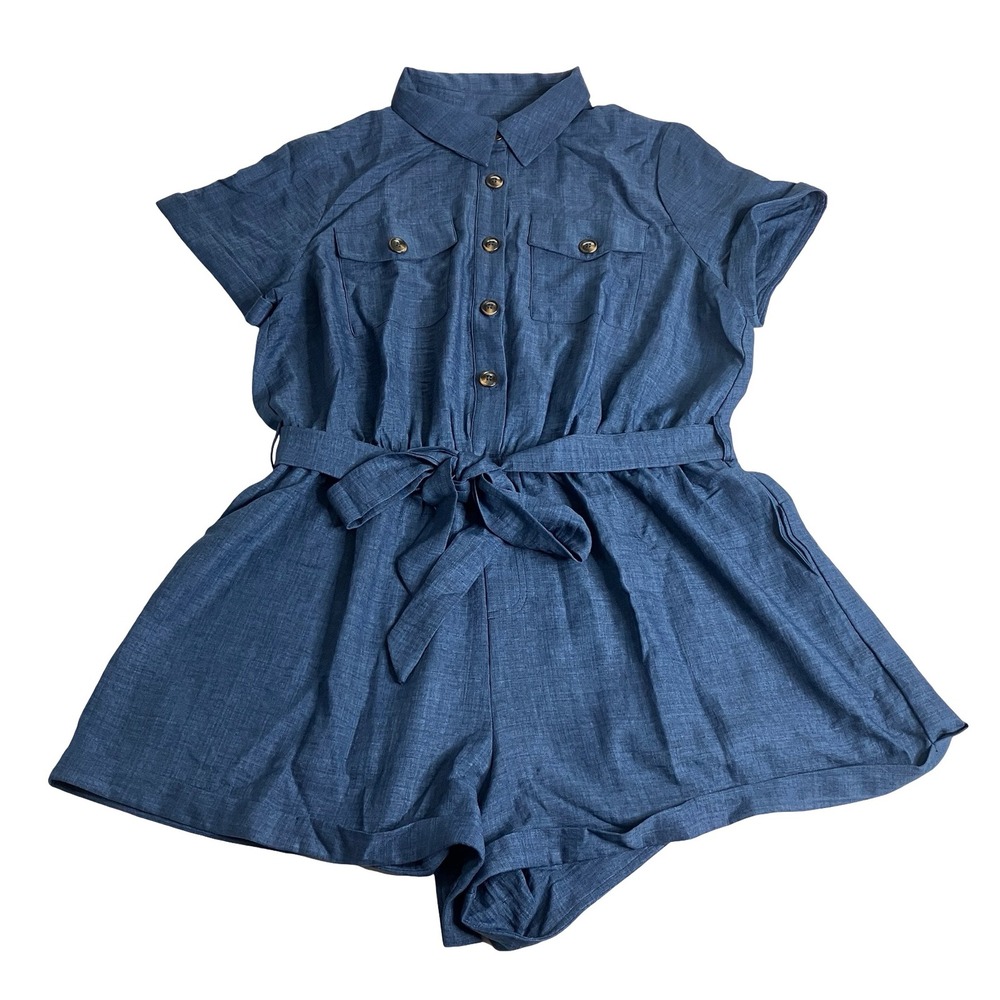 Agnes Orinda Romper Womens 1X Blue Button Front Belted Utility Jumpsuit Pockets